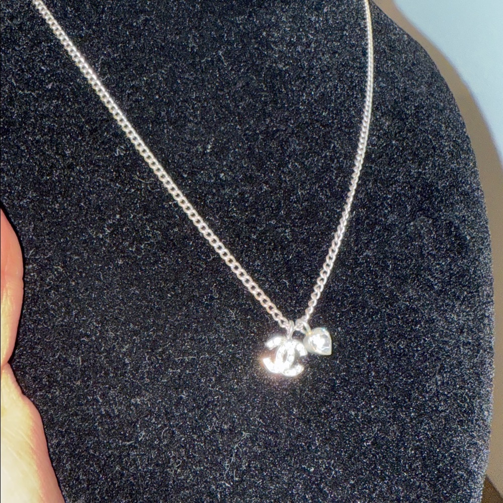 Chanel Silver Plated CC Rhinestone and Heart Pendant Necklace - Picture 6 of 7